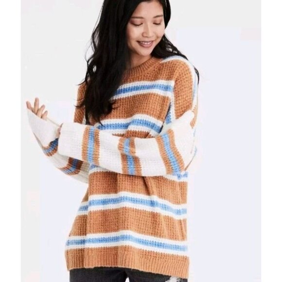 American Eagle Sweater S Striped Tan Blue White Waffle Knit Crew Neck Pullover - Picture 1 of 3